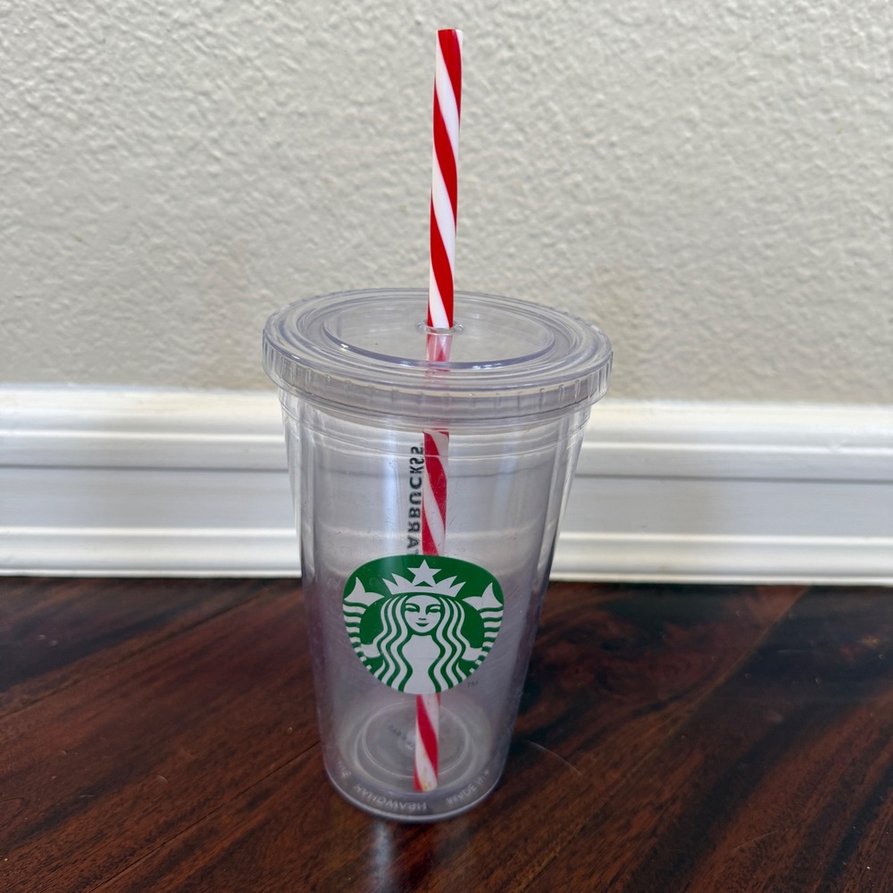 Starbucks Clear Acrylic Cold Cup Tumbler Red Stripe 16oz Reusable Christmas